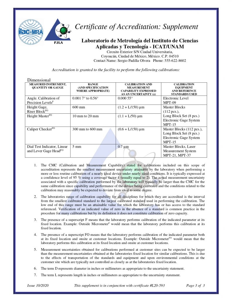 certificado Dimensional calibration