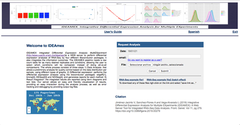 IDEAMEX Integrated Differential Expression Analysis MultiEXperiment (http://www.uusmb.unam.mx/ideamex/). WEB server to perform differential expression analyses of RNA-Seq. Jiménez-Jacinto V, Sanchez-Flores A and Vega-Alvarado L (2019). Front. Genet. Vol 11, pg 279. https://doi.org/10.3389/fgene.2019.00279