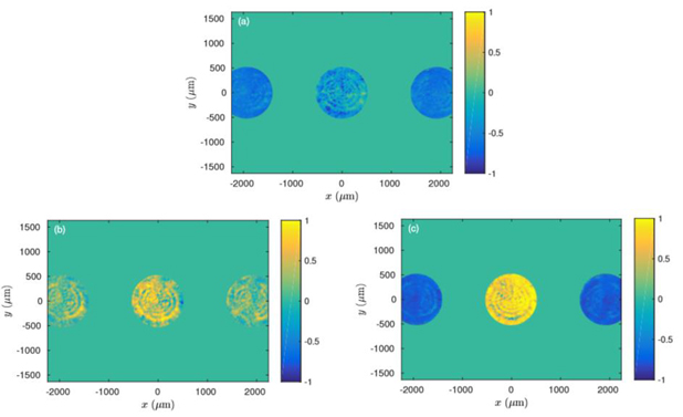 Stokes vector produced by a novel source designed in our group to control the coherence and polarization of light. (a) S1 , (b) S2, and (c) S3. Note that in (c) the central spot has right circular polarization, while the other two spots are left circular polarized light.